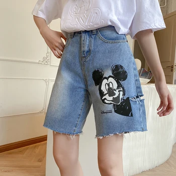 Disney Mickey Mouse Anime Yaz Kadın Kot Ganimet Şort Rahat Yüksek Bel Oymak Bacak açıklıkları İnce kısa kot pantolon Kadın