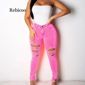 Neon Renk Denim Yüksek Bel Kot Delik Skinny Jeans Feminino Streetwear Casual kalem pantolon