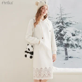 ARTKA 2021 Kış Yeni Kadın Elbise Zarif Dantel Patchwork Hoodie Elbiseler Gevşek Uzun Kollu Midi Beyaz Kapşonlu Elbise ZA20213D