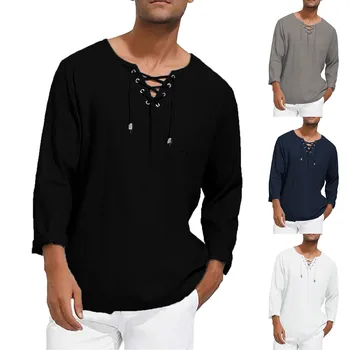 Yeni erkek Gevşek Gömlek Tee Uzun Kollu Pamuk Henley Tee Gömlek Ortaçağ Dantel Up O Boyun Açık Üstleri Moda Marka Rahat Bluz