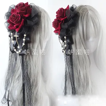 Orijinal Lolita Şarap Kırmızı Gül Retro Kafa Bandı Saç aksesuarları Firkete KC Lolita El Yapımı Siyah Çiçek Topları