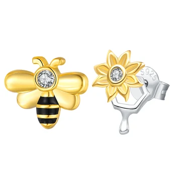 925-Sterling-Silver Arı Petek Ayçiçeği Saplama Küpe Sevimli Çiçek Bumble Bee Takı doğum günü hediyesi Kız Arıcı Anne