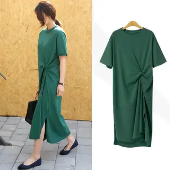S-3XL 3 Renkler Zarif Kadın Bölünmüş Kısa Kollu uzun elbise O-Boyun Katı Yeşil Yaz Pamuk T gömlek Elbise Satış Seksi elbise