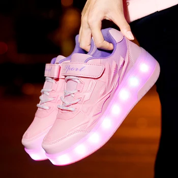 Çocuk İki Tekerlekli İşıltılı Parlayan Sneakers Altın Pembe led ışık Paten Ayakkabı Çocuklar Led Ayakkabı Erkek Kız USB Şarj