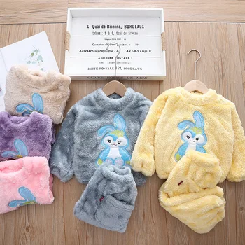 Bebek Kalın Pazen giyim setleri Yeni Kış Mercan Polar Sıcak Ev Tekstili Çocuk Takım Elbise Kız Erkek Karikatür Kıyafet 1-5 yıl