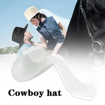 Batı Gelin Beyaz Cowgirl Şapka Peçe ile Düğün Fotoğraf Kostüm Prop Kadınlar Yaz plaj şapkası Geniş Ağız süslü elbise Şapka Kovboy 