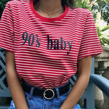 Bigsweety Vintage Çizgili T Shirt Yeni Moda Giyim Kadınlar için Yaz Üstleri Mektup 90'lı Bebek Baskılı Tshirt Harajuku Streetwear