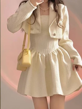 Sonbahar Zarif İki Parçalı elbise seti Kadın Blazer Ceket + Kapalı Omuz Mini elbise seti Kadın Fransız İnce Y2k Vintage Elbise Takım Elbise 2022