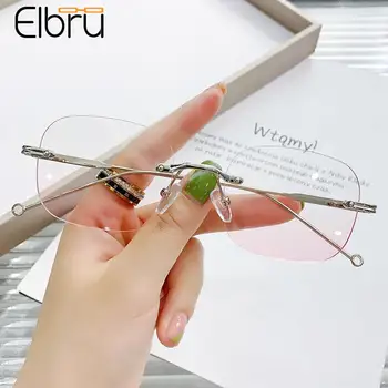 Elbru Anti mavi ışık bilgisayar miyopi gözlük kadın erkek çerçevesiz şeffaf pembe Lens miyop gözlük diyoptriden 0~-600 Unisex