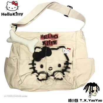 Sanrio Hello Kitty Ev Yapımı El Boyalı Schoolbag Heartbreak Sprey Boyalı Eski pamuklu çanta Y2k Baharat Kız Çift ArmpitBag