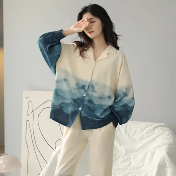 Degrade Renk kadın Pijama Seti 2 Adet Kore Tarzı Bayanlar Uzun Kollu Pijama Bahar Sonbahar Büyük Boy Pijama Takım Elbise Kadın