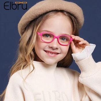 Elbru çocuk Anti mavi ışık reçine Len gözlük çerçeve bebek moda kare silikon gözlük erkek kız renkli düz gözlük