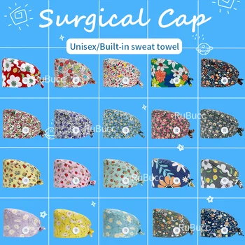 Hastane Scrubs Kap Düğmeleri ile %100 % Pamuk Çiçek Baskı Fırçalama Kapaklar Hemşire Aksesuarları Pet Kliniği Cerrahi Şapka Laboratuvar İş Şapkaları