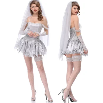 Gelin Kostüm Seksi Cadılar Bayramı Cosplay Beyaz Gelin düğün elbisesi Seksi Oyun Elbise Rol Yapma Kostüm Üniforma Kısa