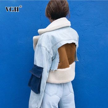 VGH Patchwork Denim Ceket Kadınlar Uzun Kollu lambswool Ceket Üstleri Kadın Moda Giyim Rahat 2022 Kış Yeni
