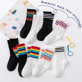 Pamuk Şık çocuk Çocuk Unisex Pamuk Gökkuşağı Çorap Erkek Kız Harajuku Yürümeye Başlayan Bebek Renkli Şerit Örme Çorap 1-12y