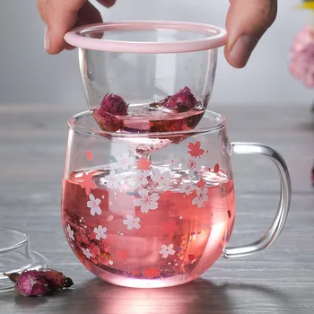 300 ml Sakura cam kupa çay demlikli kupa Filtre ve Kapak Kiraz Fincan Seti Çiçekleri çiçek çayı Fincan Şeffaf Isıya Dayanıklı Gözlük