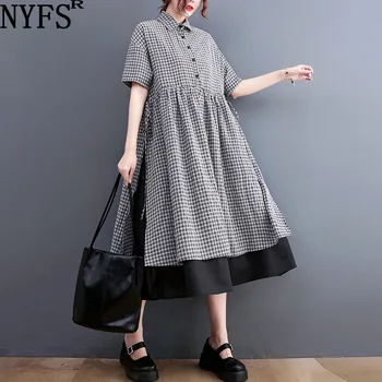 NYFS 2022 Yeni Yaz Gevşek Kadın Elbise Vestidos Robe Elbise Ofis Bayan İki parçalı Ekose Kısa Kollu Uzun Elbiseler