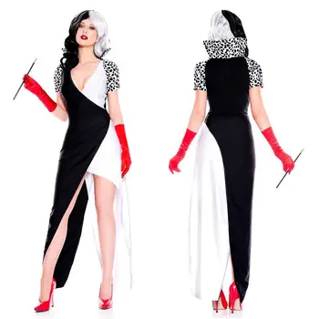 Karnaval Cadılar Bayramı Lady Cruella Siyah Beyaz Dalmaçyalı Kraliçe Kostüm Doğum Günü Partisi Suit Cadı Palyaço Cosplay Fantezi Parti Elbise