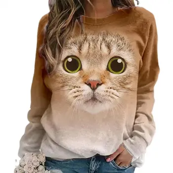 Moda Rahat Kadın Kazak Kazak Bluz 3D Kediler Hayvan Baskı Jumper Yuvarlak Boyun Gevşek Uzun Kollu Gömlek Kazak