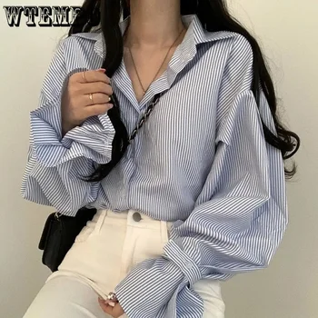 Y2k Çizgili Gömlek Kolej Tarzı Fener Kollu Gevşek Tüm Maç Bluzlar kadın Kore Tarzı Basit Bandaj Manşet Gömlek