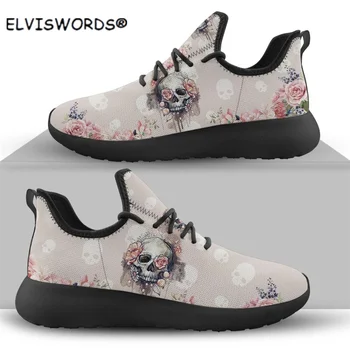 ELVISWORD Moda Kafatası Stil Pembe Desen Kadın Flats Ayakkabı Nedensel Lady Dantel-up Sneakers Süper Hafif Kadın Örgü yürüyüş ayakkabısı