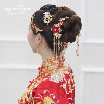 Geleneksel Çin Gelin Headdress Kostüm Tokalar Kırmızı Çiçek Firkete Düğün Hairwear fotoğraf Saç Sopa Aksesuarı