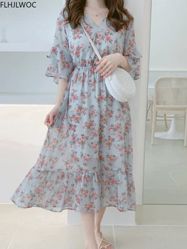 Şifon Çiçek Taze Elbiseler Kadın Yaz Parlama Kollu Bir Çizgi Sevimli Tatlı Japonya Kore Tarzı Tasarım Elbise Çiçek Elbise Uzun