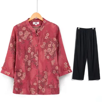 XL-5XL Büyükanne Giysileri Bahar Sonbahar Orta Yaşlı Yaşlı Anne İki Adet Setleri 3/4 Kollu Gömlek Pantolon Takım Elbise Bayan Eşofman