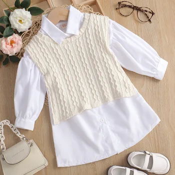 Uzun Kollu Bebek Kız Giyim Kore Bluz Gömlek Toddler İki Parçalı Set Örme Kazak Yelek Kıyafetler Beyaz Gömlek Elbise Setleri